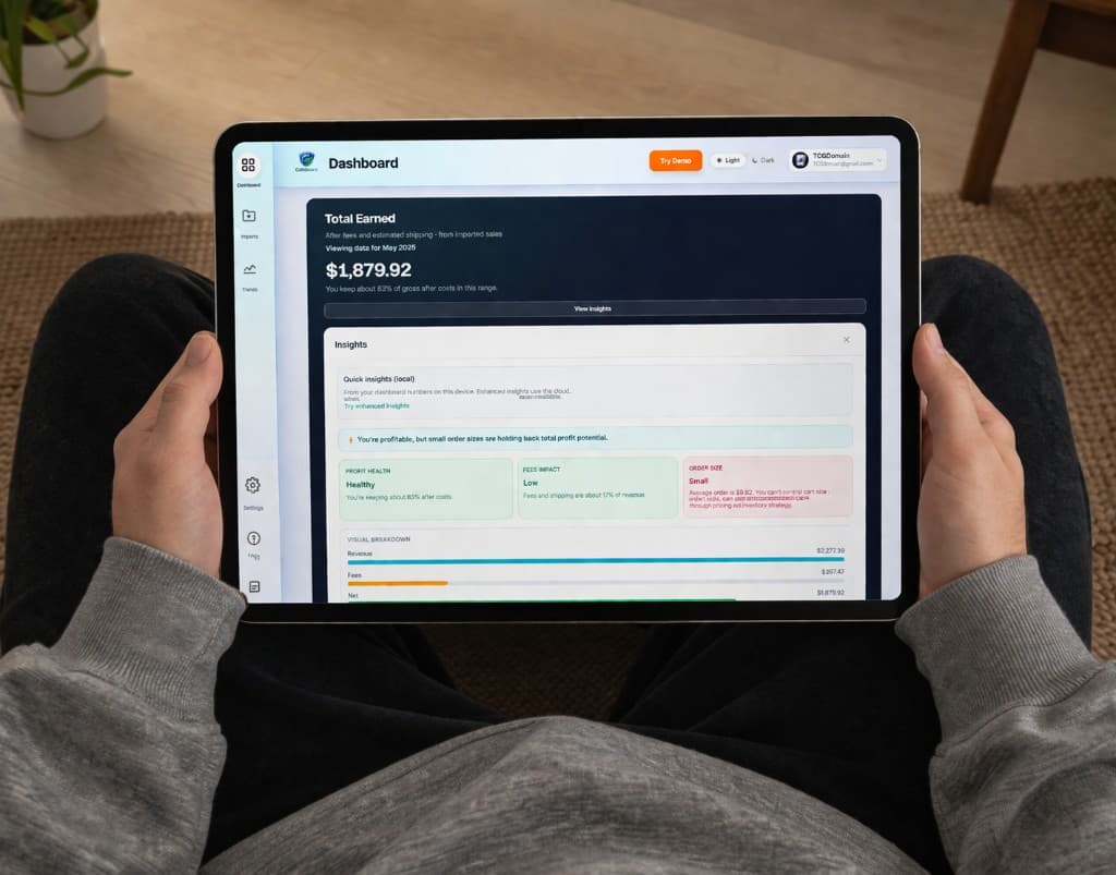 Seller using CollectionOps on a tablet - dashboard with profit, fees, and insights